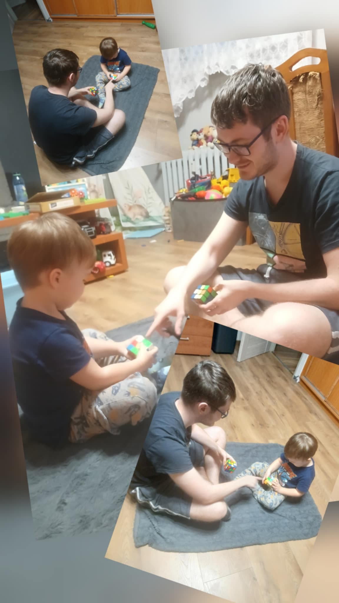 Na zdjęciu widać połączenie trzech różnych zdjęć, na których znajduję się mężczyna oraz chłopczyk, siędzący na podłodze na kocu i razem układają kostkę Rubika.